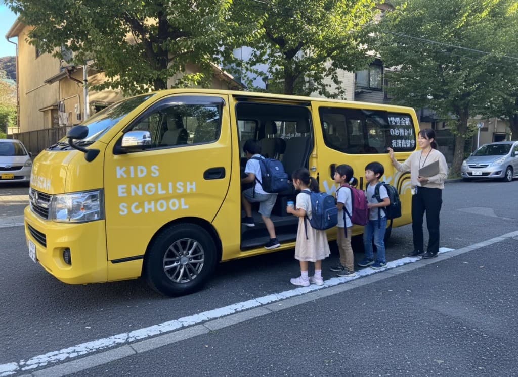 送迎バスに順番に乗り込む子どもたちと見守るスタッフ